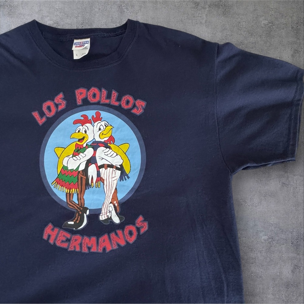 NWOT Jerzees Los Pollos Hermanos T-Shirt Large Navy Breaking Bad Graphic Tee